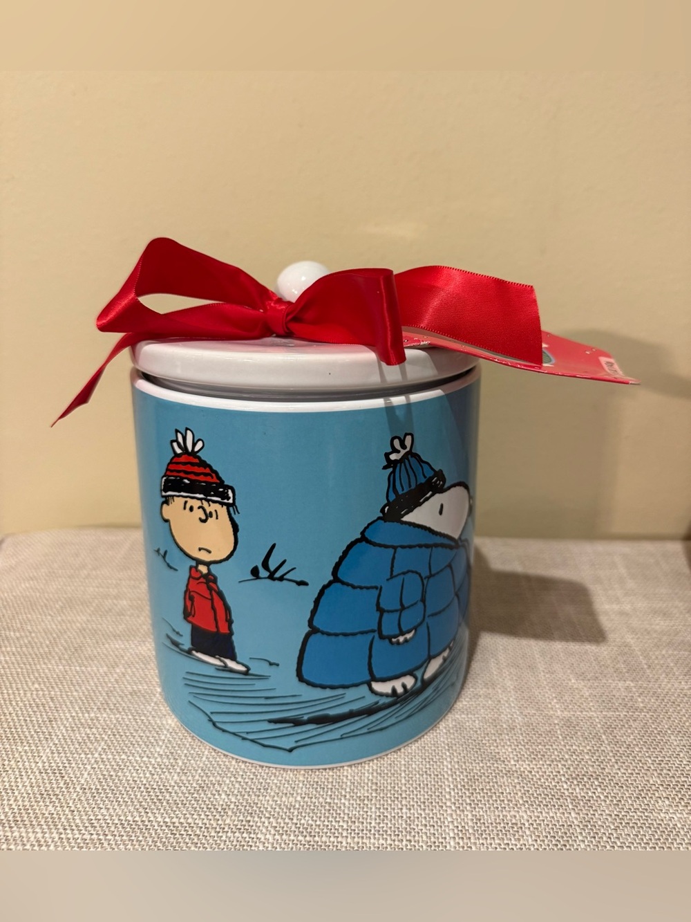PEANUTS Snoopy & Charlie Brown Winter Ice Skating Ceramic Canister Jar Zrike